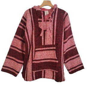 ARTILANA Baja Hoodie Sweater Boho Festival Red Striped Knit Hooded Unisex Medium
